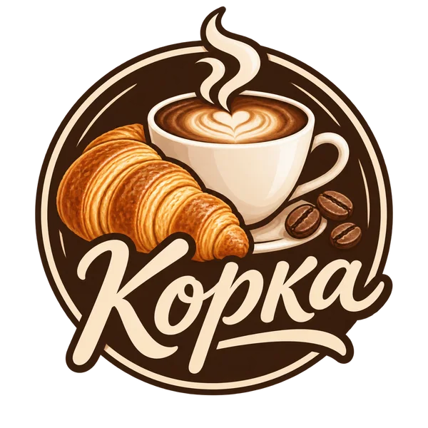 Сгенерированный логотип кофейни «Корка»: круглая эмблема с чашкой кофе, круассаном и надписью
